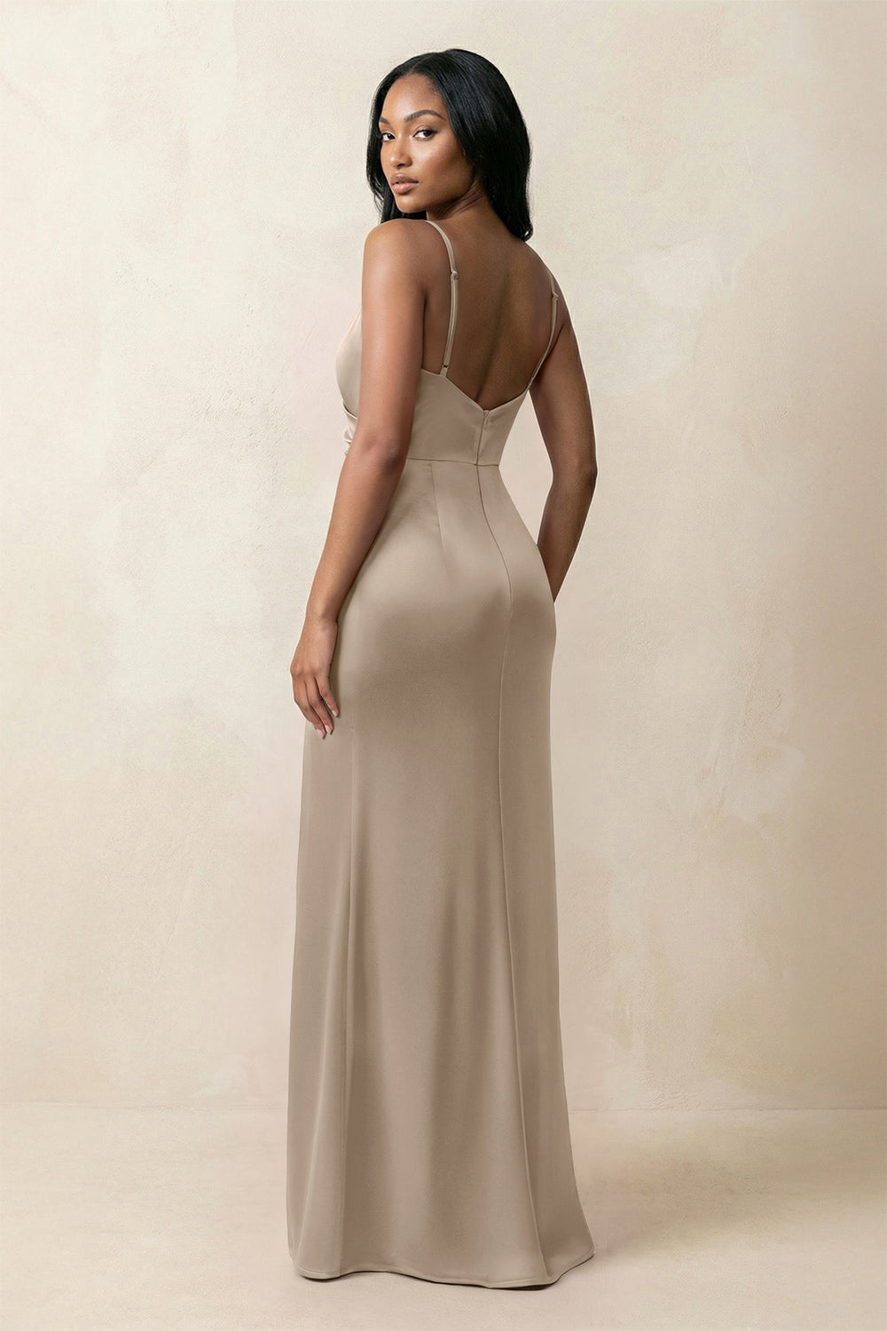 Spaghetti Strap Sheath Satin Ruched Bridesmaid Dress in Almond