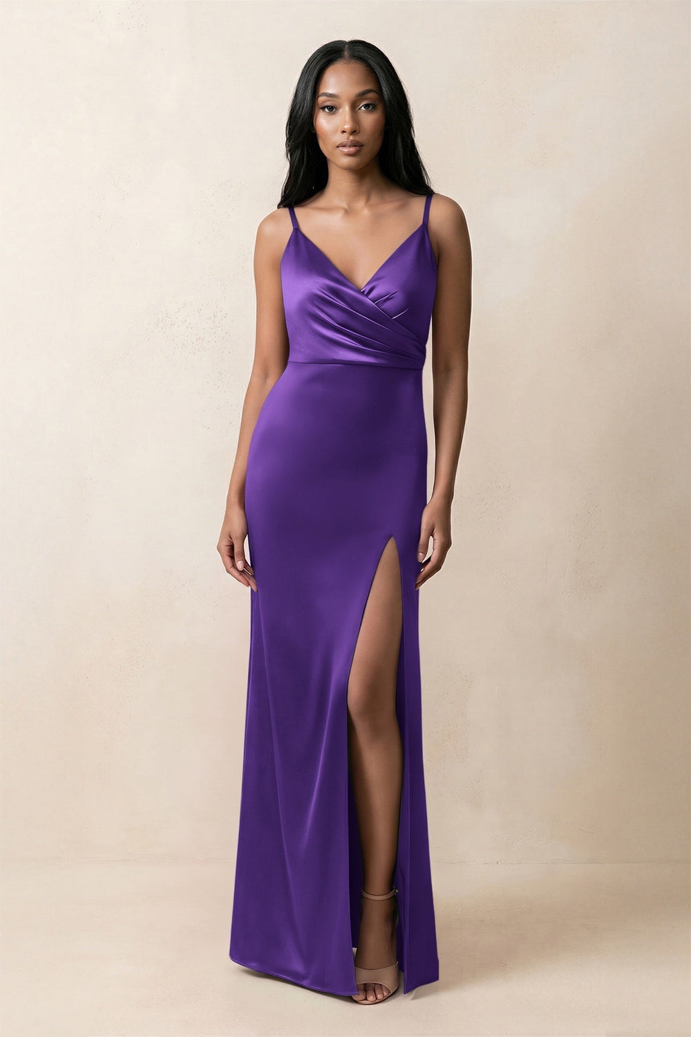 Spaghetti Strap Sheath Satin Ruched Bridesmaid Dress in Amethyst