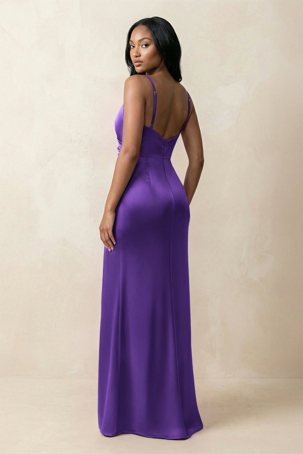 Spaghetti Strap Sheath Satin Ruched Bridesmaid Dress in Amethyst
