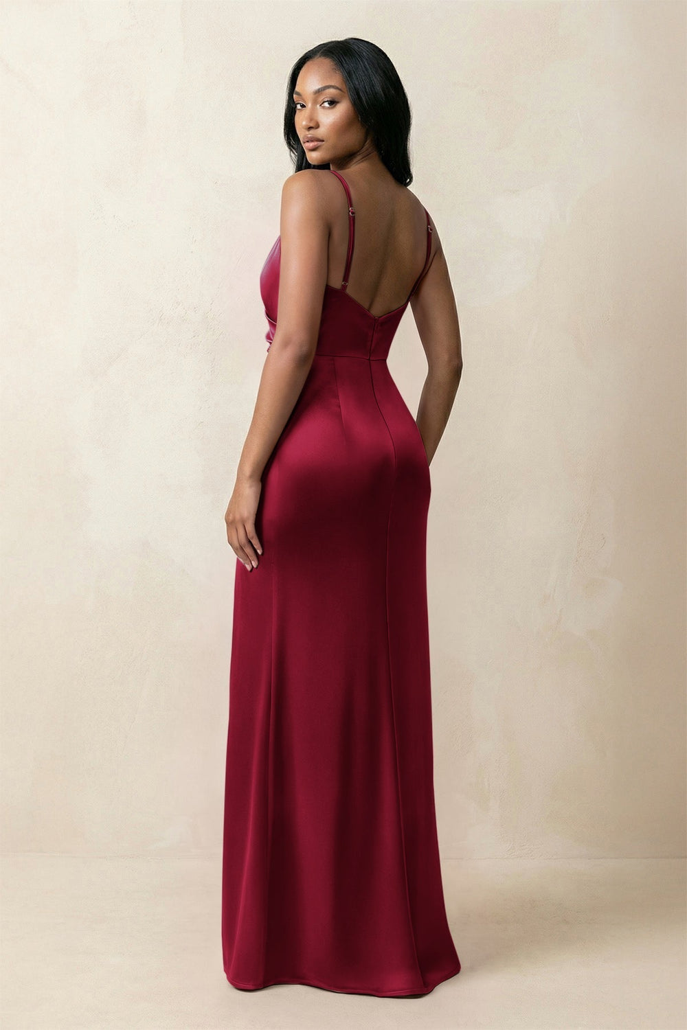 Spaghetti Strap Sheath Satin Ruched Bridesmaid Dress in Berry