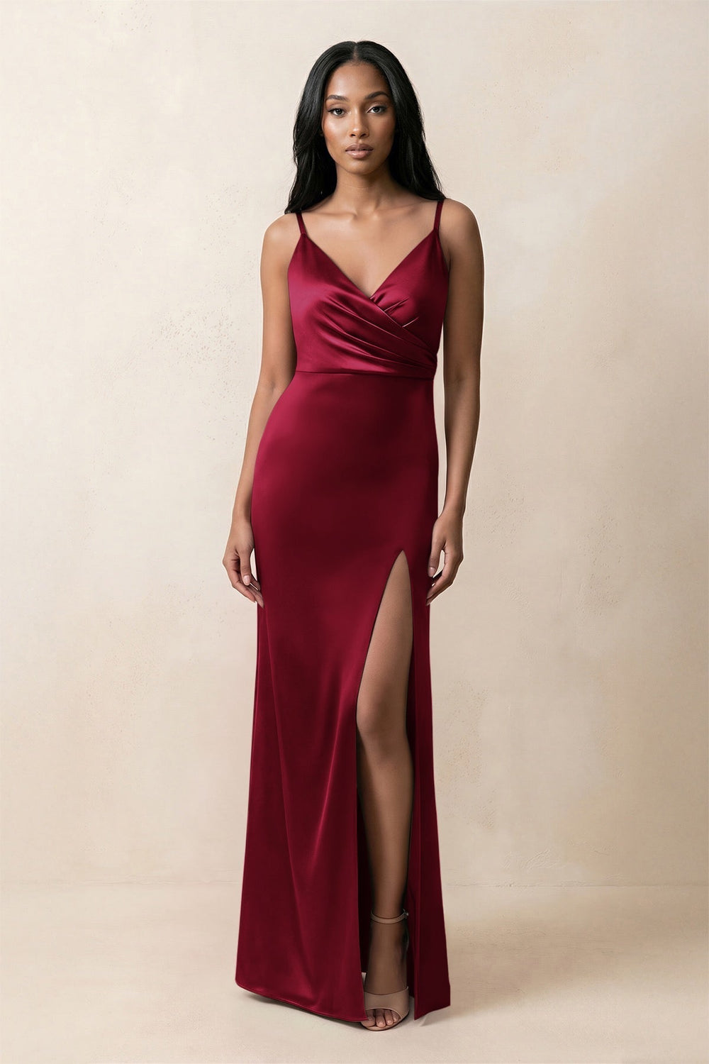 Spaghetti Strap Sheath Satin Ruched Bridesmaid Dress in Berry