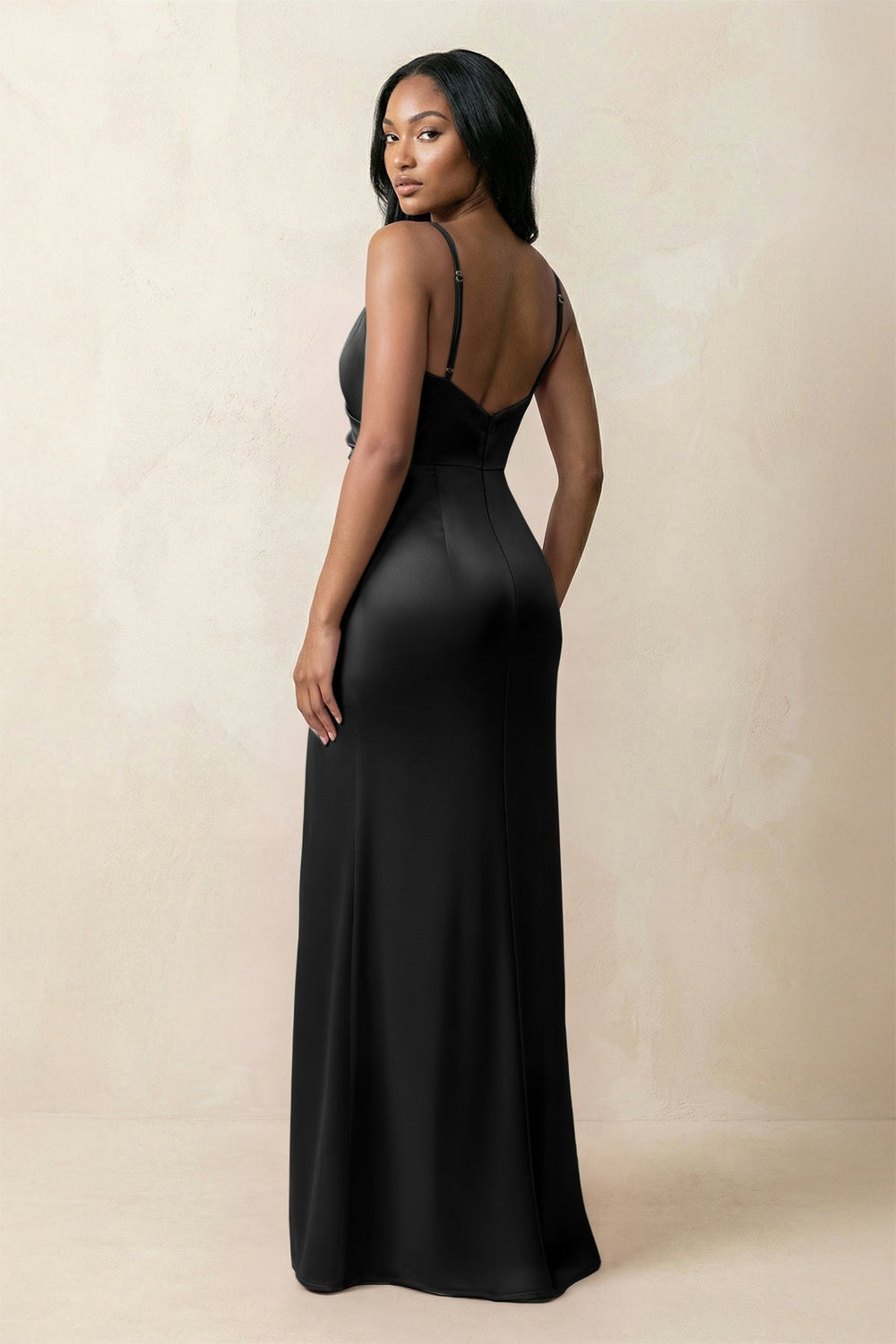 Spaghetti Strap Sheath Satin Ruched Bridesmaid Dress in Black