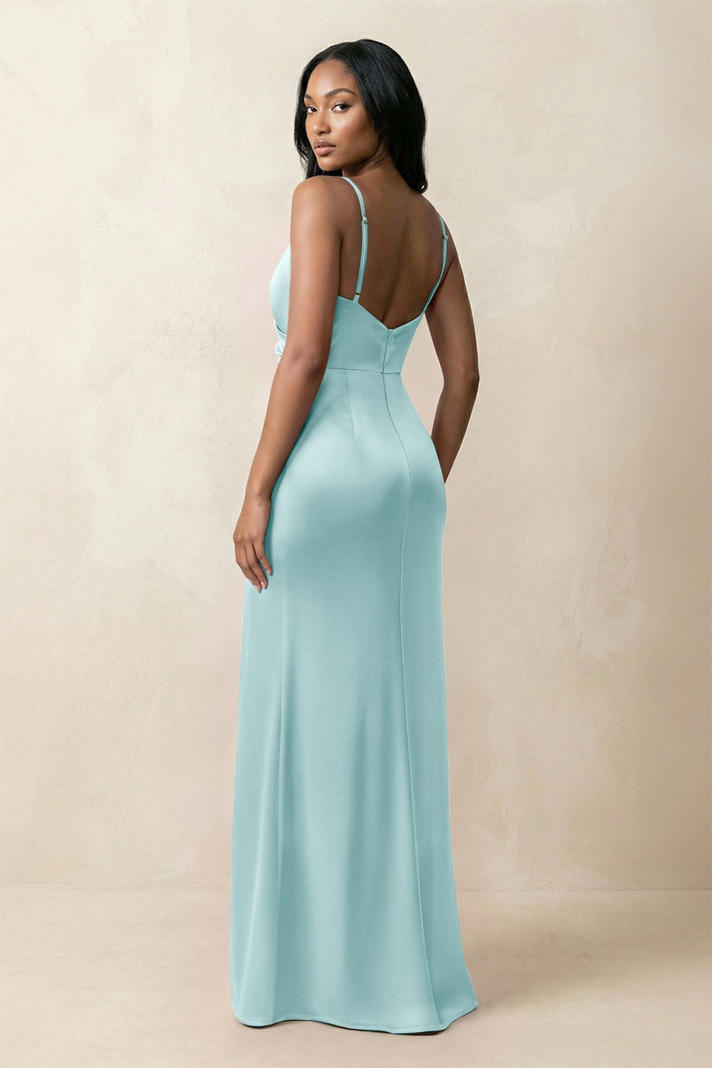 Spaghetti Strap Sheath Satin Ruched Bridesmaid Dress in Bleached Aqua