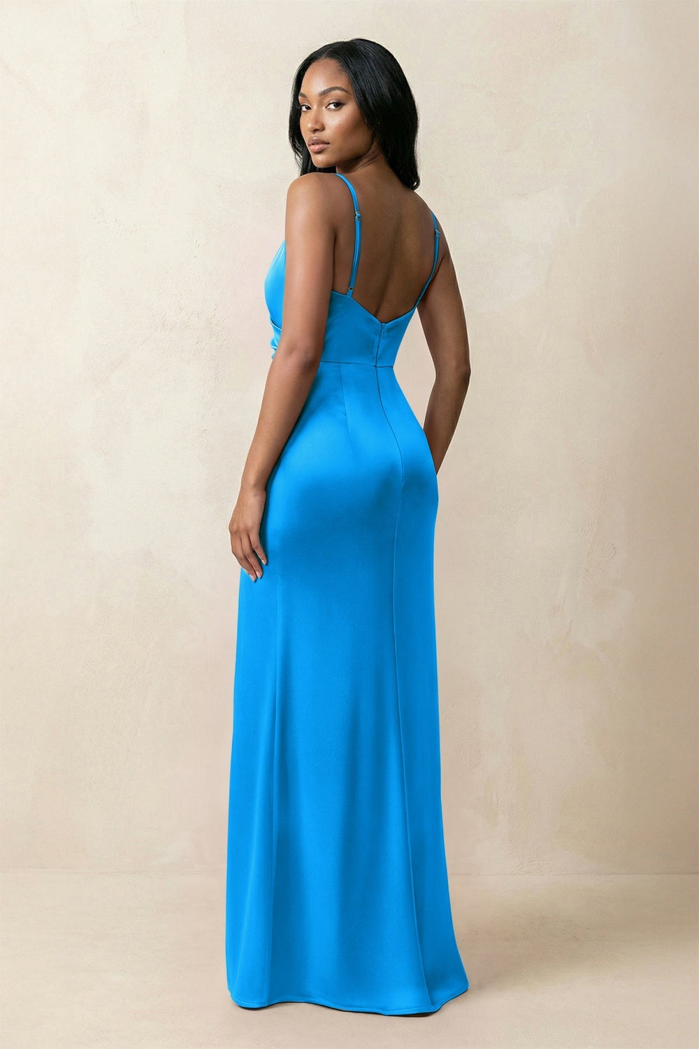 Spaghetti Strap Sheath Satin Ruched Bridesmaid Dress in Blue Jay