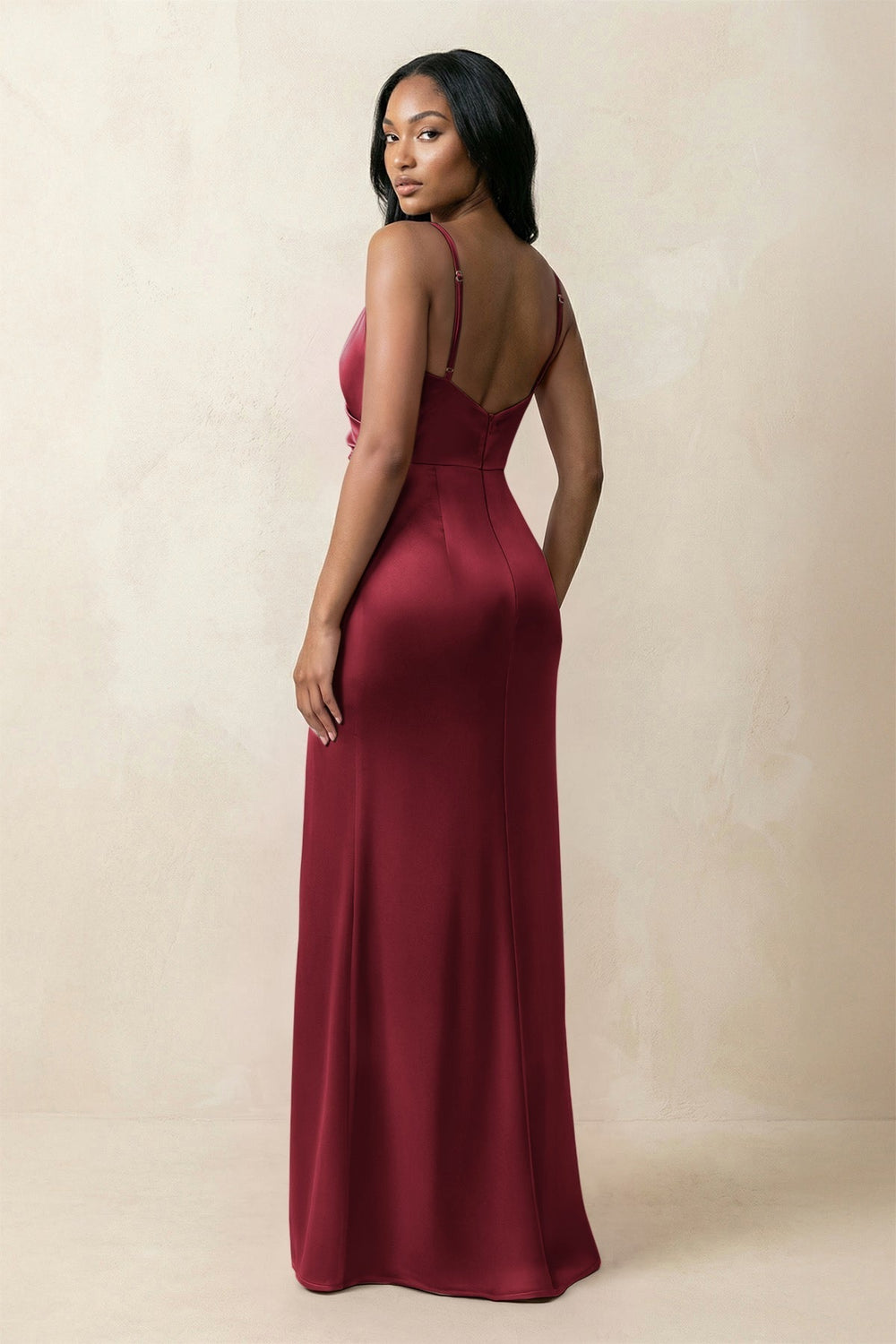 Spaghetti Strap Sheath Satin Ruched Bridesmaid Dress in Burgundy