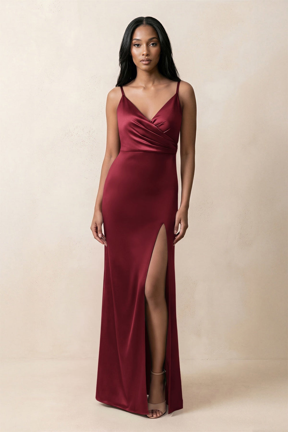 Spaghetti Strap Sheath Satin Ruched Bridesmaid Dress in Burgundy