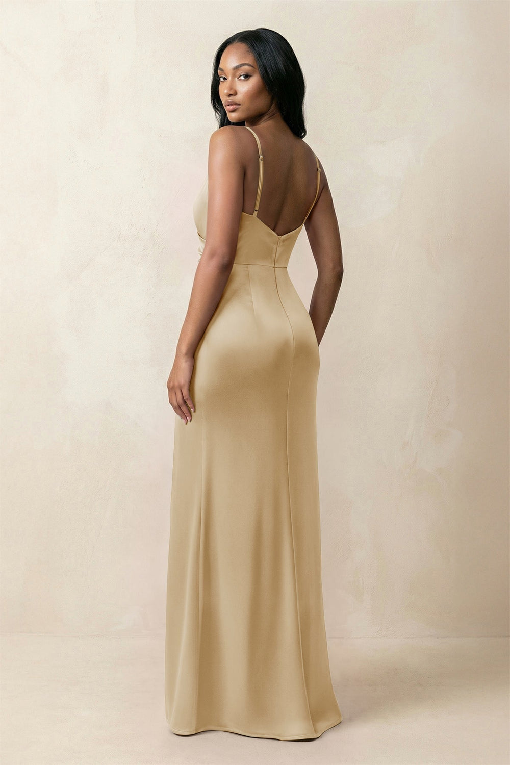 Spaghetti Strap Sheath Satin Ruched Bridesmaid Dress in Champagne