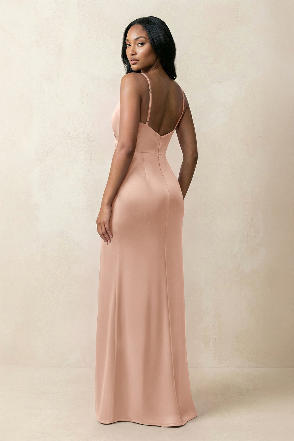 Spaghetti Strap Sheath Satin Ruched Bridesmaid Dress in Champagne Rose