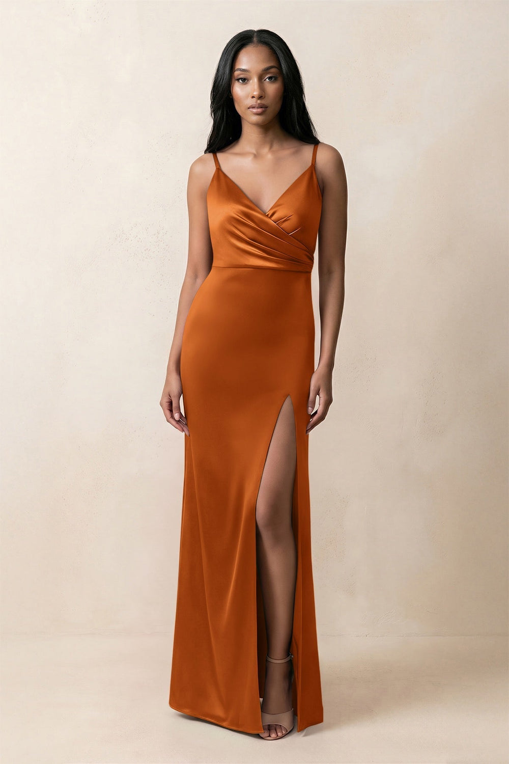 Spaghetti Strap Sheath Satin Ruched Bridesmaid Dress in Cinnamon