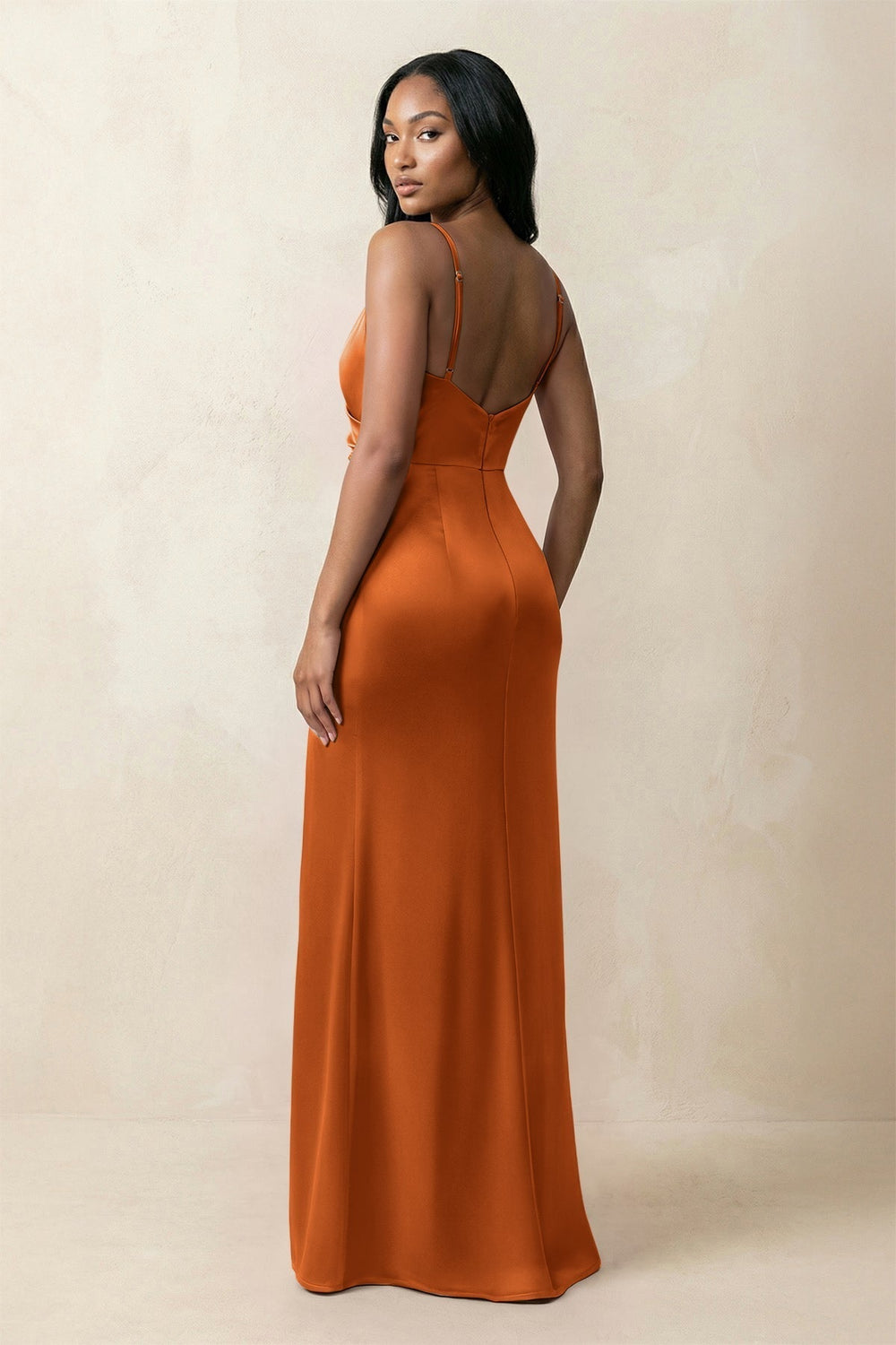 Spaghetti Strap Sheath Satin Ruched Bridesmaid Dress in Cinnamon
