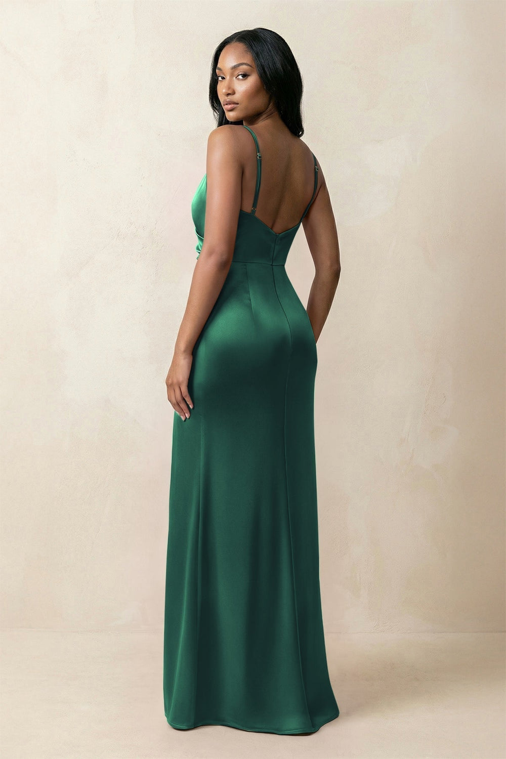 Spaghetti Strap Sheath Satin Ruched Bridesmaid Dress in Dark Green