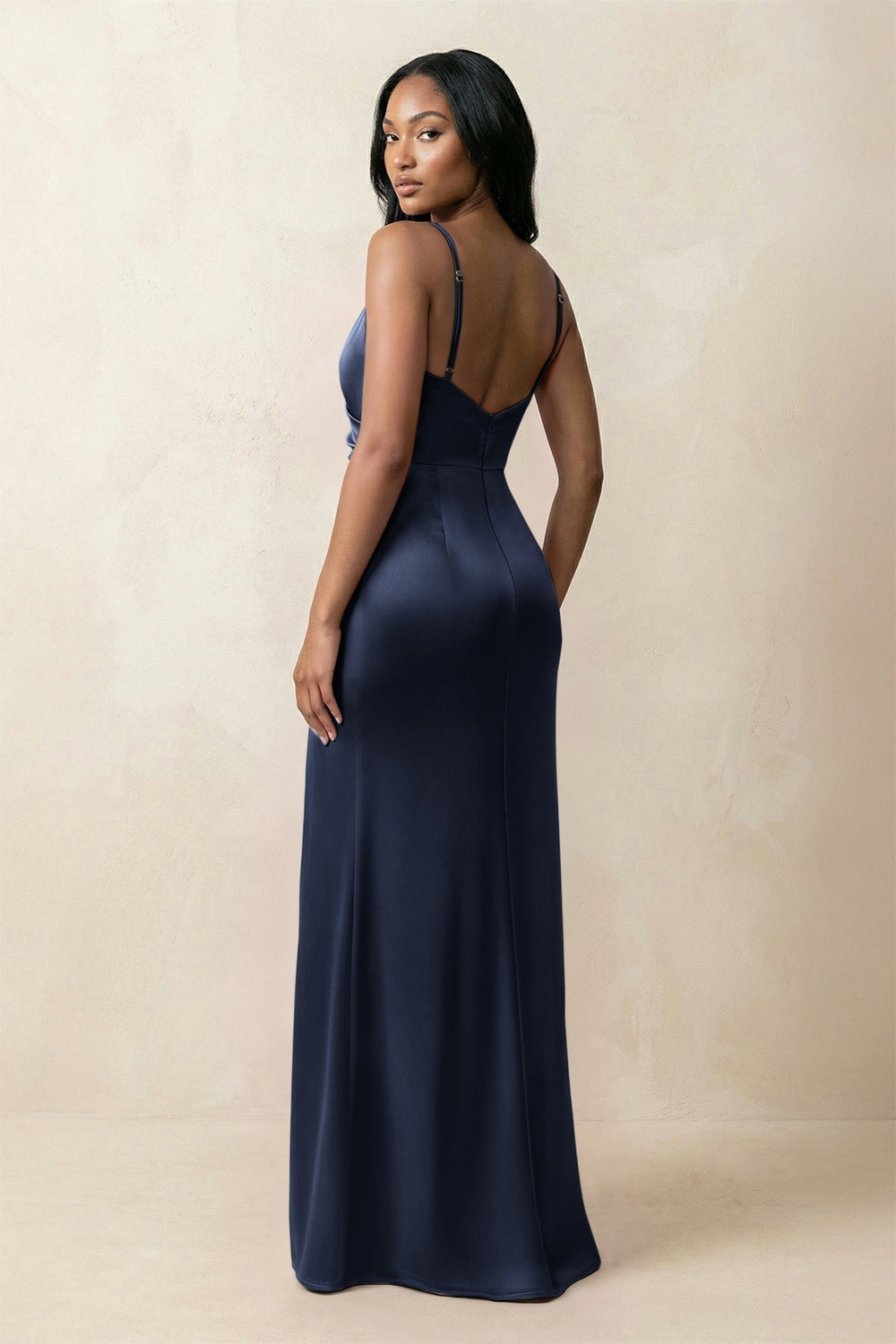 Spaghetti Strap Sheath Satin Ruched Bridesmaid Dress in Dark Navy