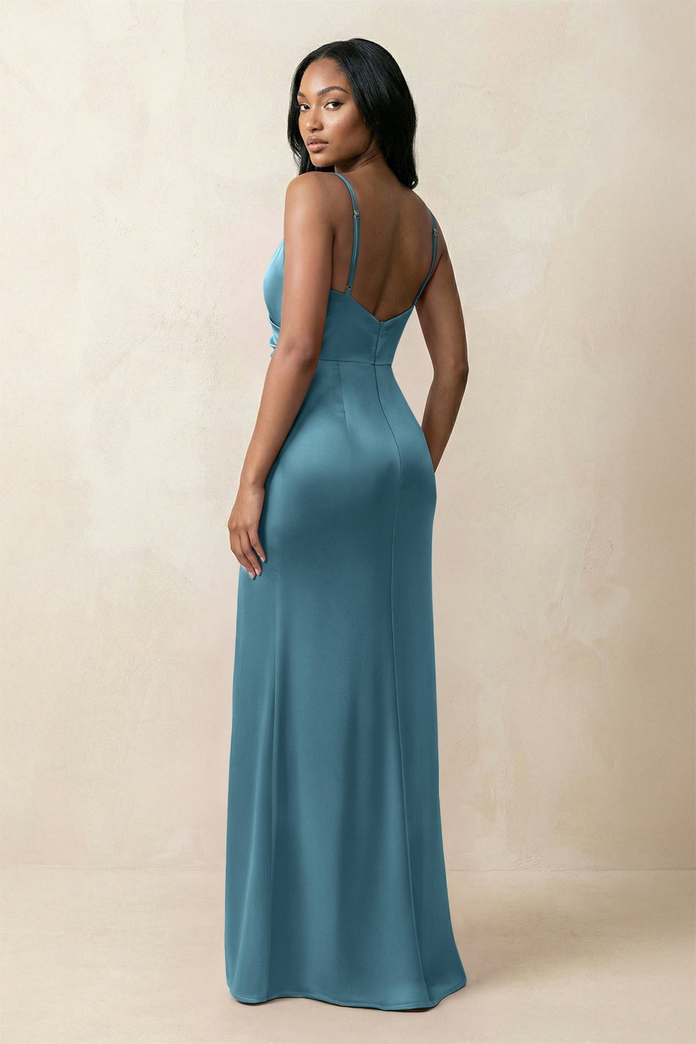 Spaghetti Strap Sheath Satin Ruched Bridesmaid Dress in Dark Teal