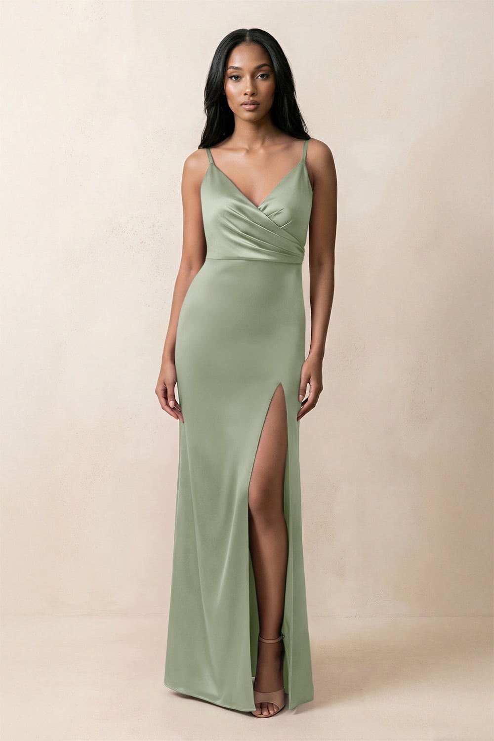 Spaghetti Strap Sheath Satin Ruched Bridesmaid Dress in Dove Gray
