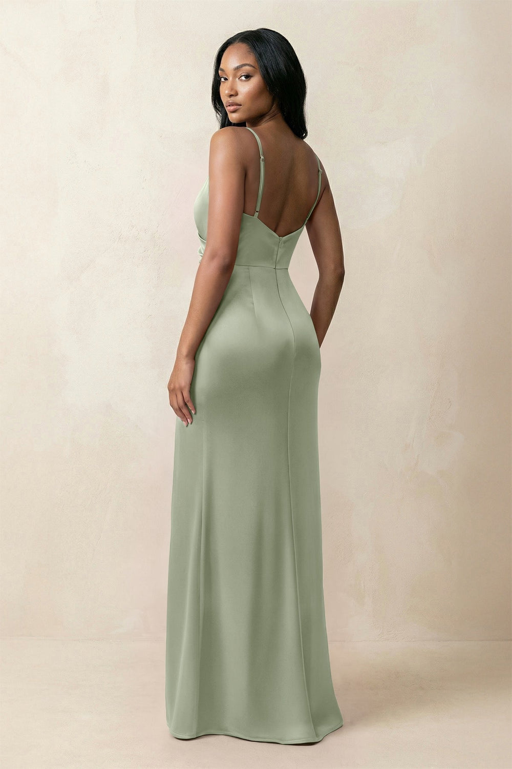 Spaghetti Strap Sheath Satin Ruched Bridesmaid Dress in Dove Gray