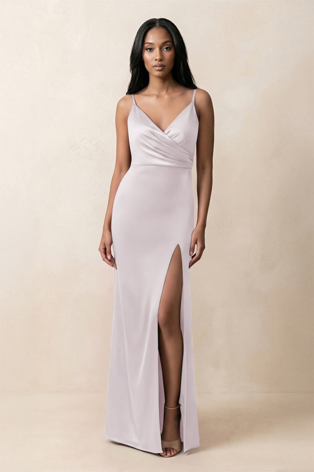 Spaghetti Strap Sheath Satin Ruched Bridesmaid Dress in Dusk