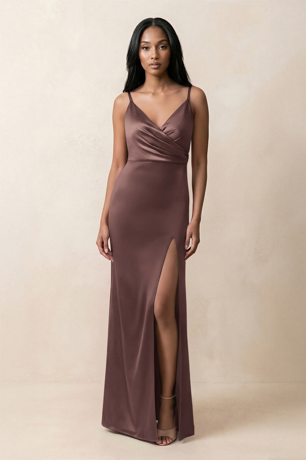Spaghetti Strap Sheath Satin Ruched Bridesmaid Dress in Espresso
