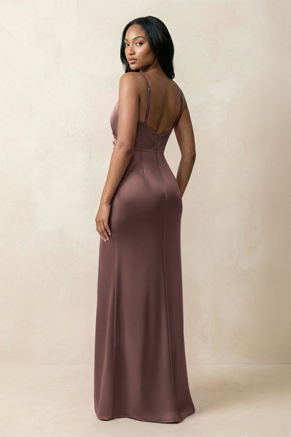Spaghetti Strap Sheath Satin Ruched Bridesmaid Dress in Espresso
