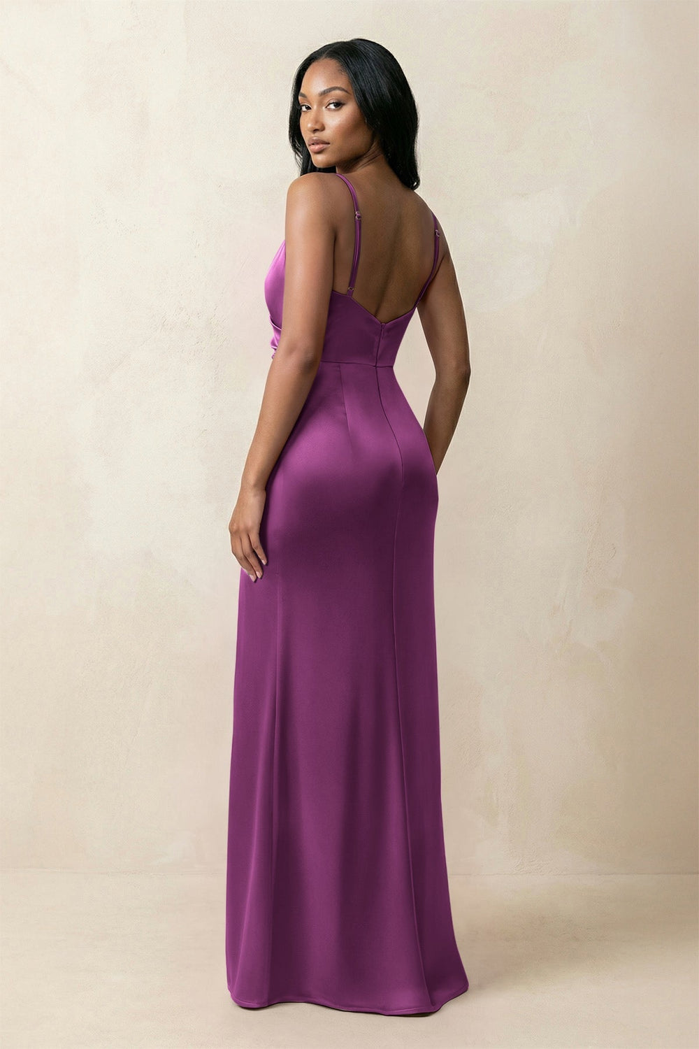 Spaghetti Strap Sheath Satin Ruched Bridesmaid Dress in Fig