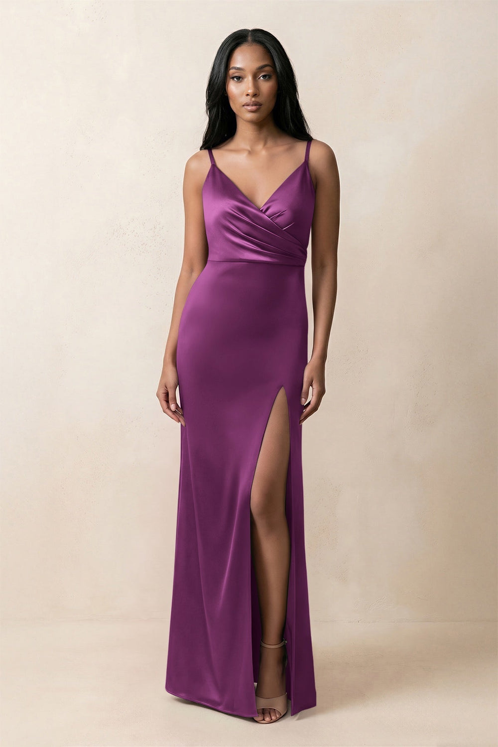 Spaghetti Strap Sheath Satin Ruched Bridesmaid Dress in Fig