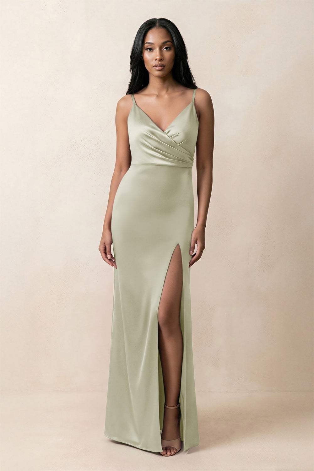 Spaghetti Strap Sheath Satin Ruched Bridesmaid Dress in Frost