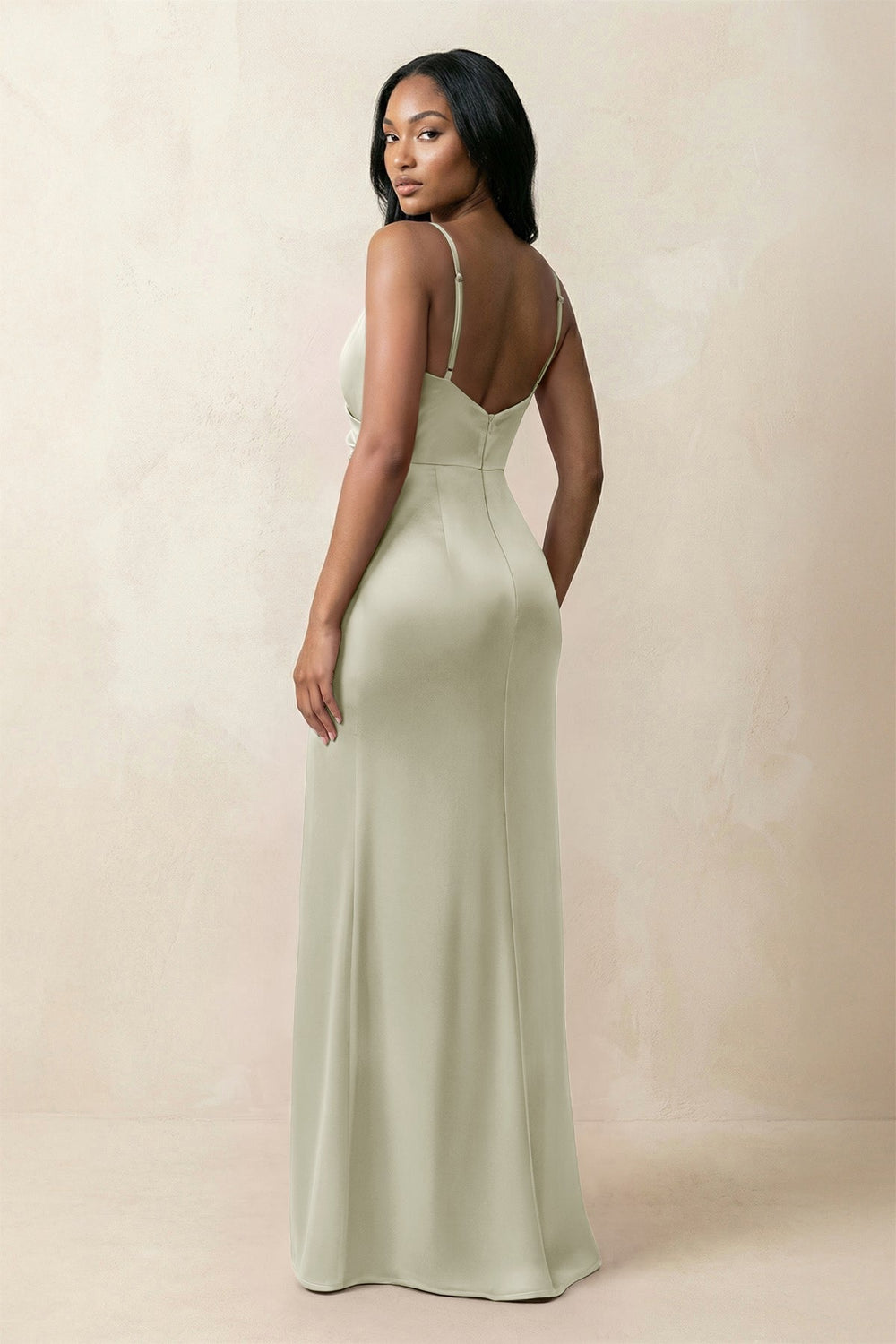 Spaghetti Strap Sheath Satin Ruched Bridesmaid Dress in Frost