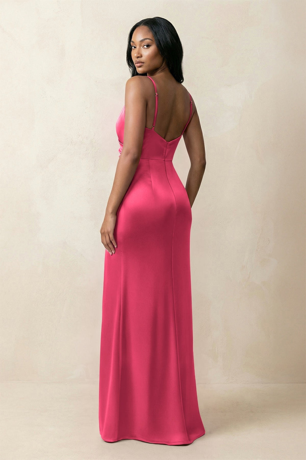 Spaghetti Strap Sheath Satin Ruched Bridesmaid Dress in Fuchsia