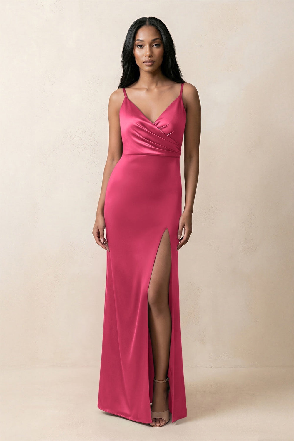 Spaghetti Strap Sheath Satin Ruched Bridesmaid Dress in Fuchsia