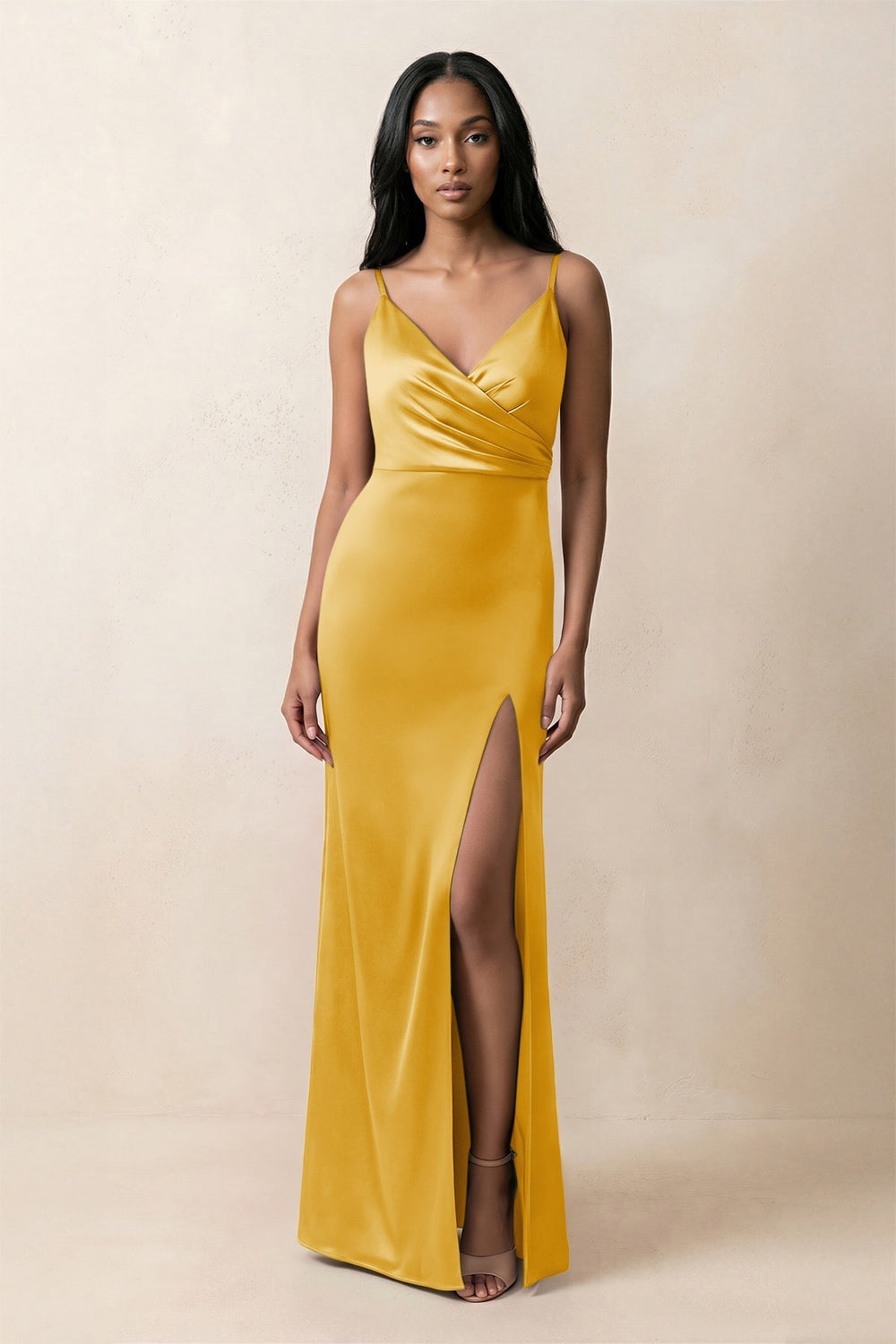 Spaghetti Strap Sheath Satin Ruched Bridesmaid Dress in Gold