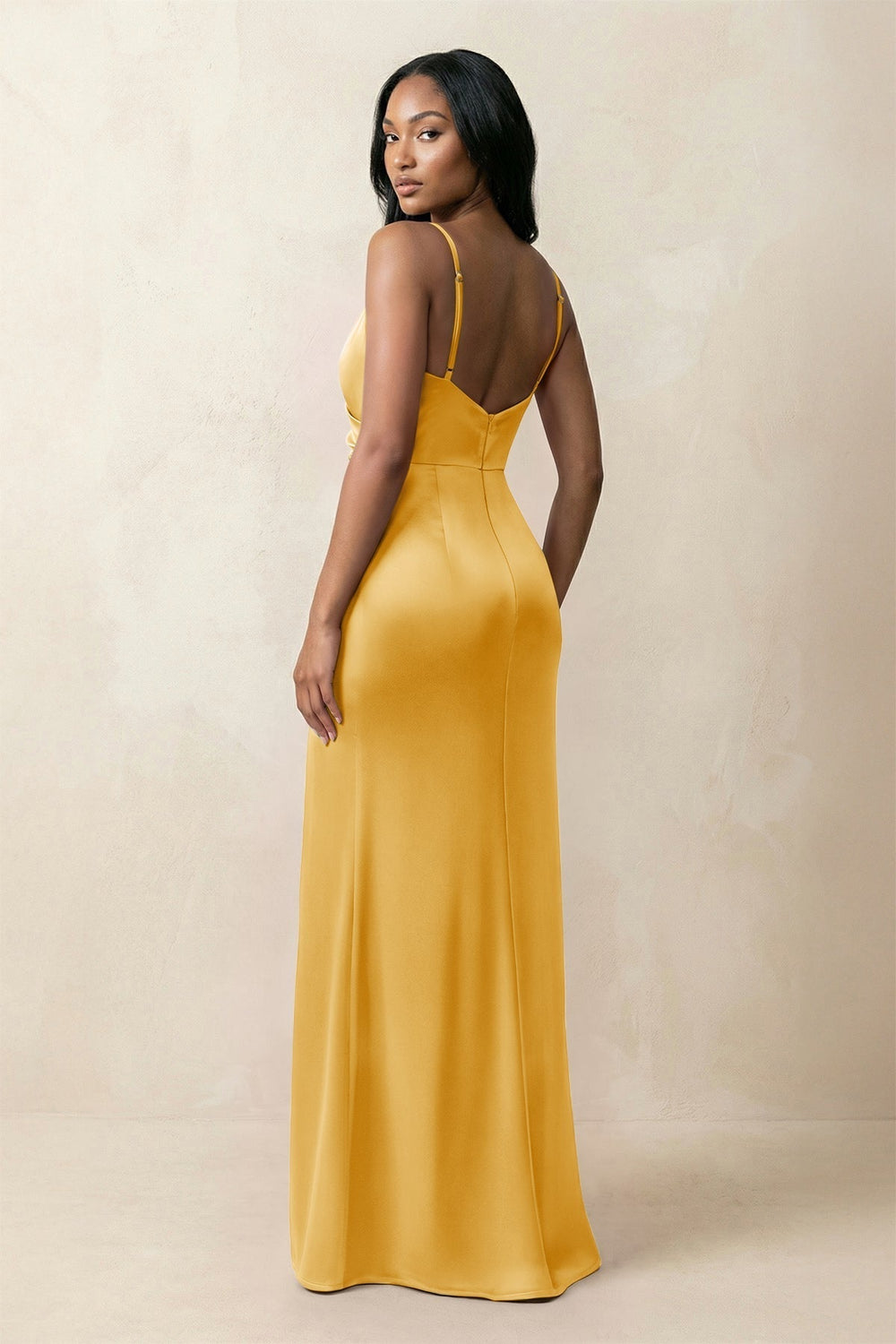 Spaghetti Strap Sheath Satin Ruched Bridesmaid Dress in Gold