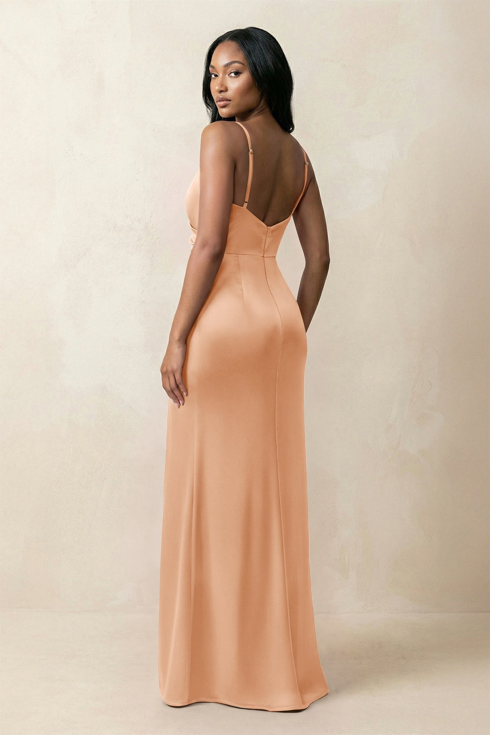 Spaghetti Strap Sheath Satin Ruched Bridesmaid Dress in Golden Champagne