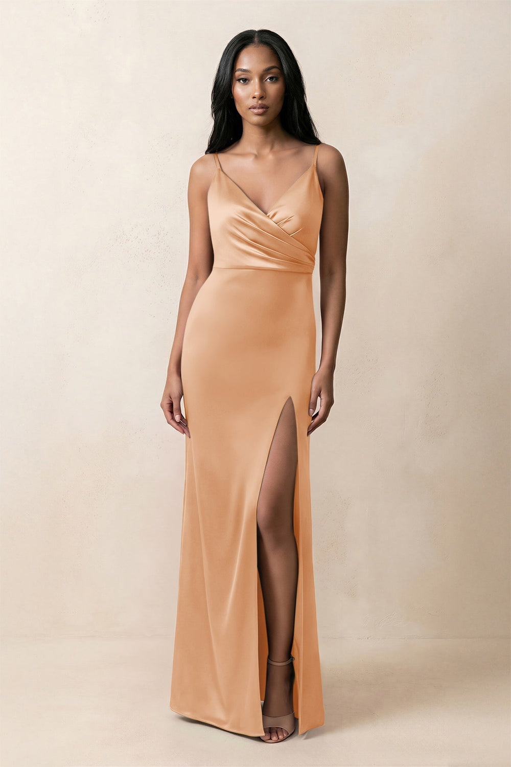 Spaghetti Strap Sheath Satin Ruched Bridesmaid Dress in Golden Champagne