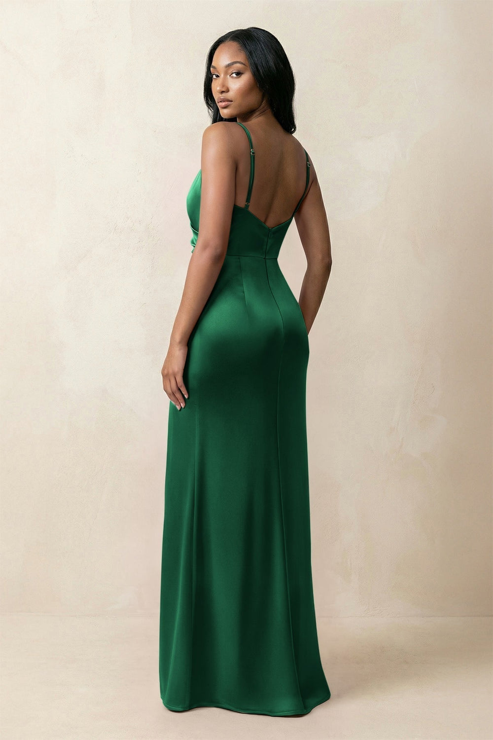 Spaghetti Strap Sheath Satin Ruched Bridesmaid Dress in Green