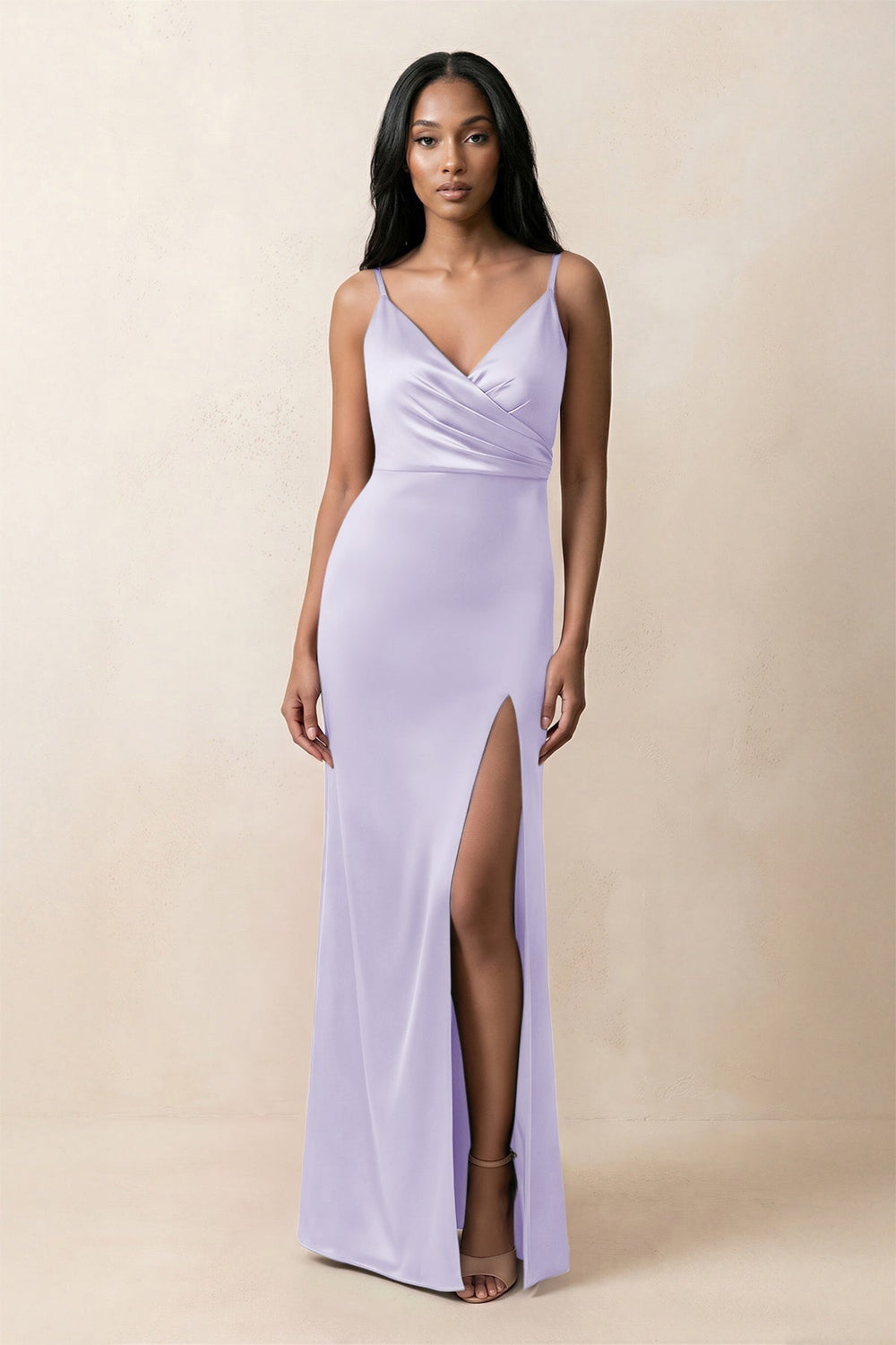 Spaghetti Strap Sheath Satin Ruched Bridesmaid Dress in Lavender