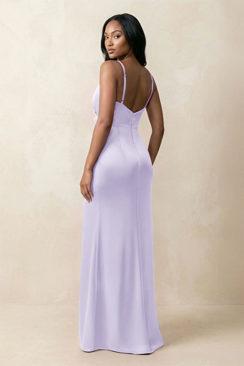 Spaghetti Strap Sheath Satin Ruched Bridesmaid Dress in Lavender