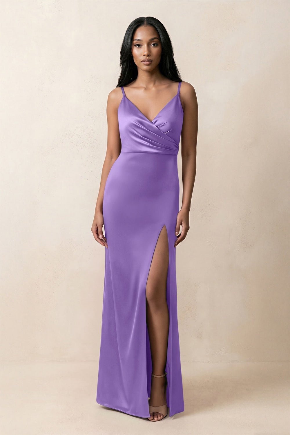Spaghetti Strap Sheath Satin Ruched Bridesmaid Dress in Lilac