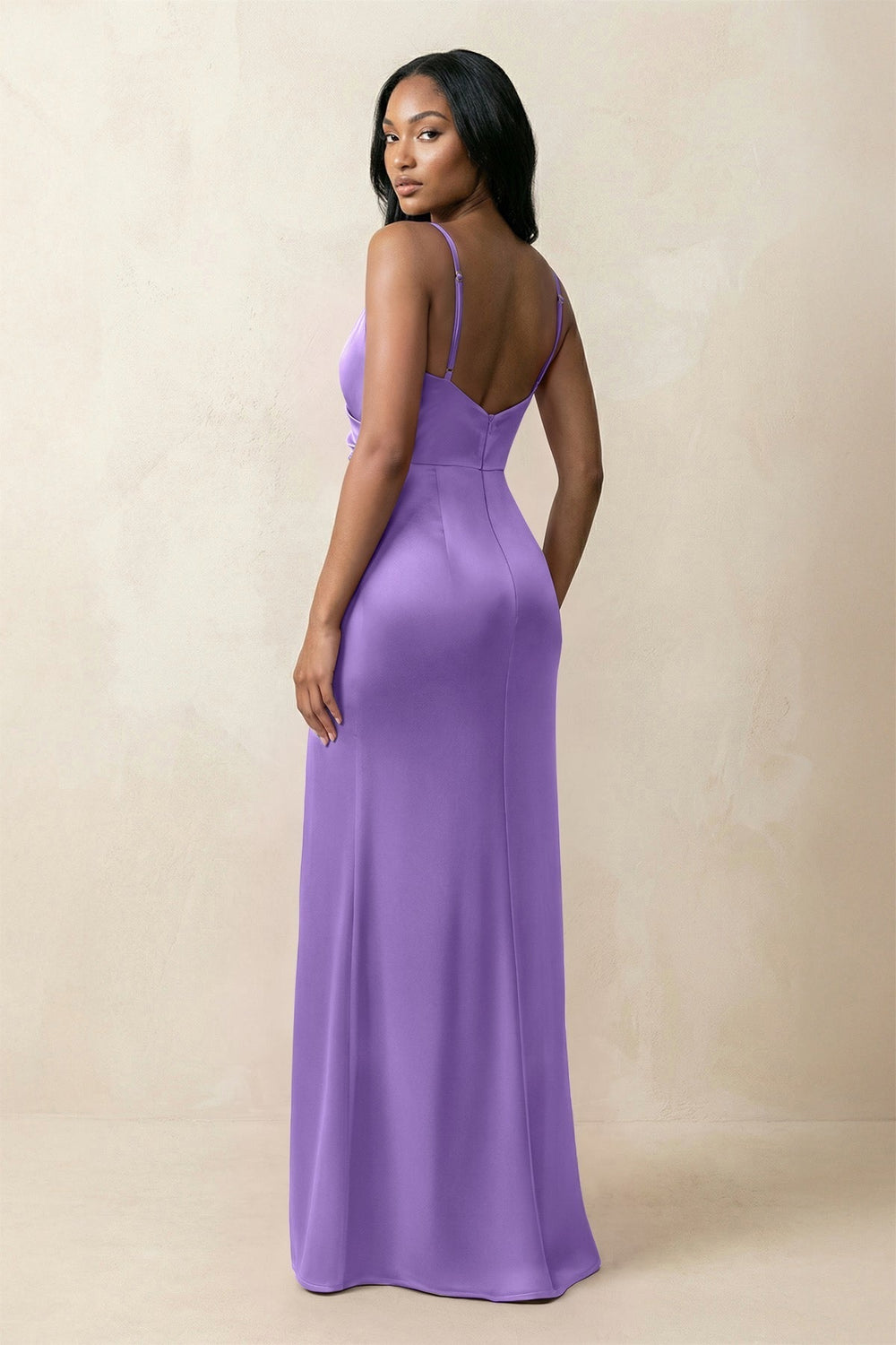 Spaghetti Strap Sheath Satin Ruched Bridesmaid Dress in Lilac