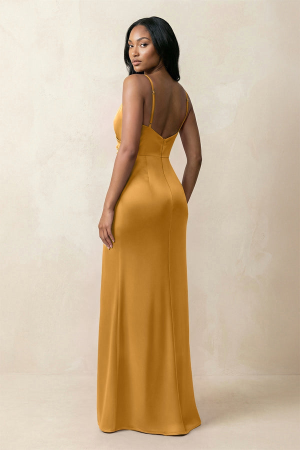 Spaghetti Strap Sheath Satin Ruched Bridesmaid Dress in Marigold - KISS BRIDAL Bridesmaid Dresses