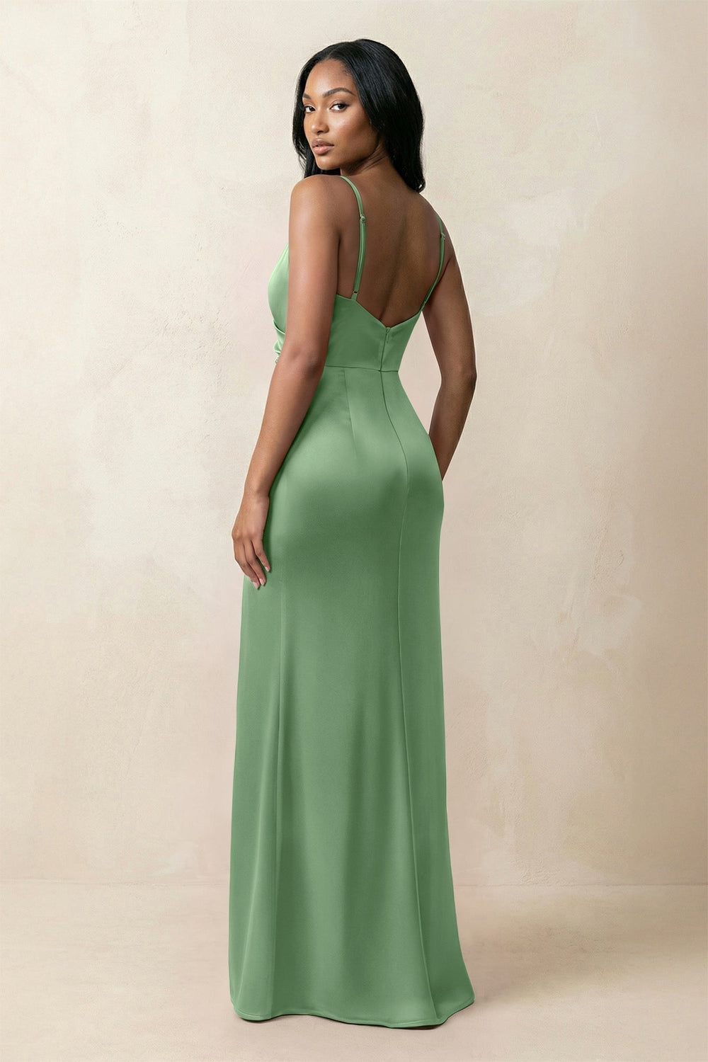 Spaghetti Strap Sheath Satin Ruched Bridesmaid Dress in Matcha