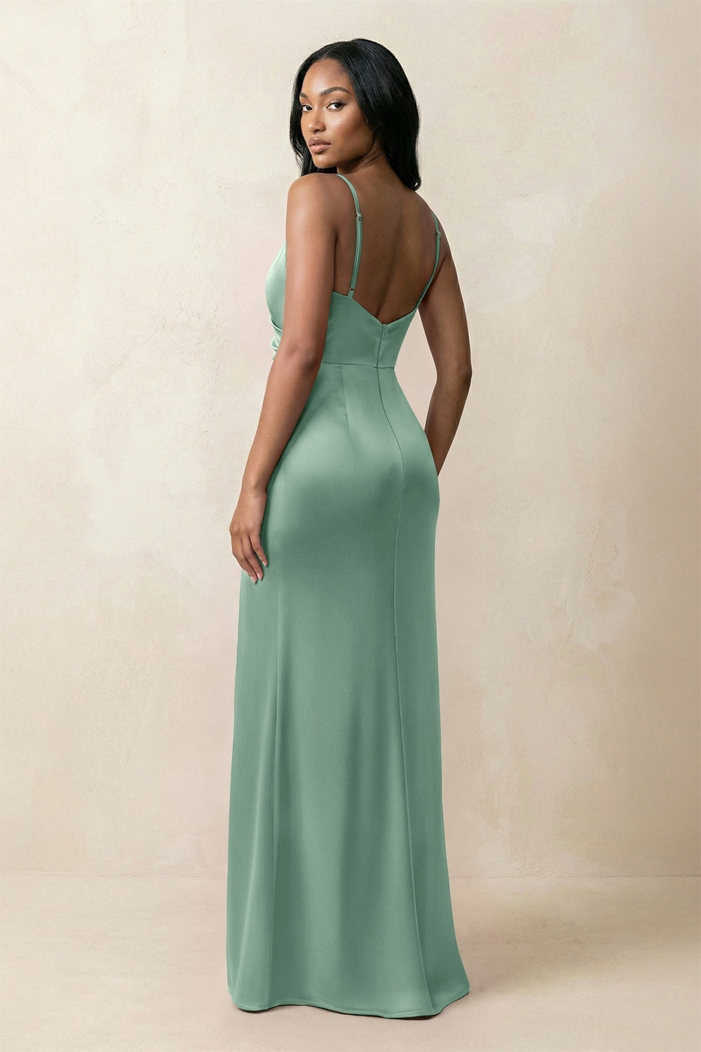 Spaghetti Strap Sheath Satin Ruched Bridesmaid Dress in Mint Green