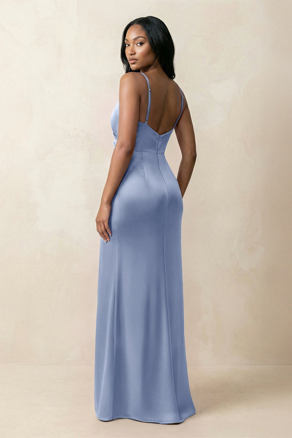 Spaghetti Strap Sheath Satin Ruched Bridesmaid Dress in Mist