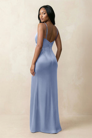 Spaghetti Strap Sheath Satin Ruched Bridesmaid Dress in Mist - KISS BRIDAL Bridesmaid Dresses