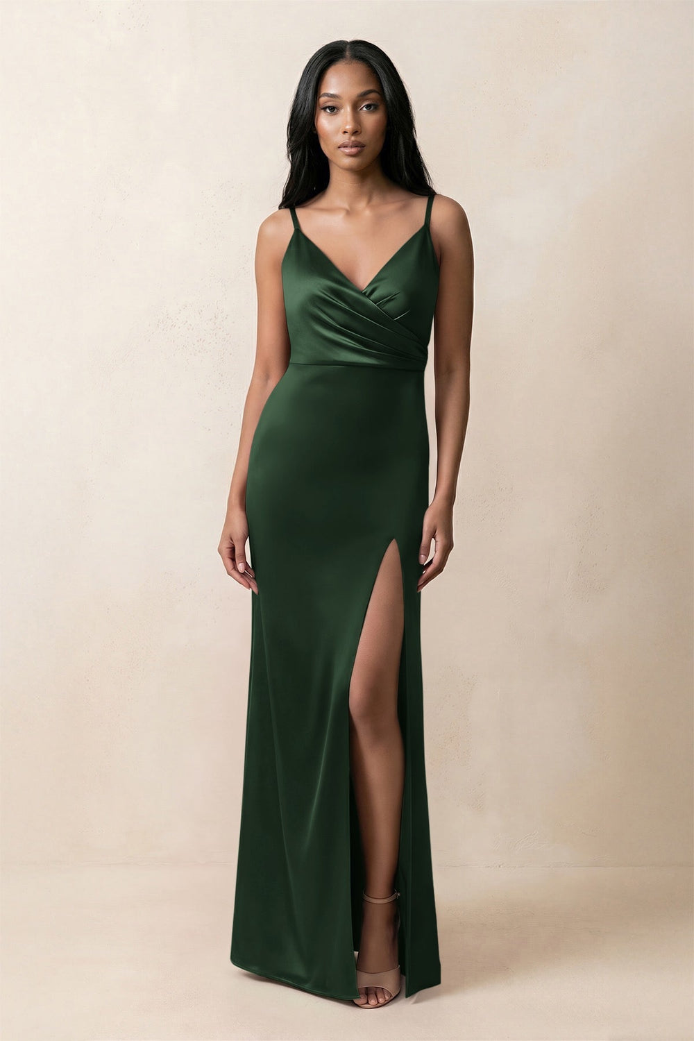 Spaghetti Strap Sheath Satin Ruched Bridesmaid Dress in Moss