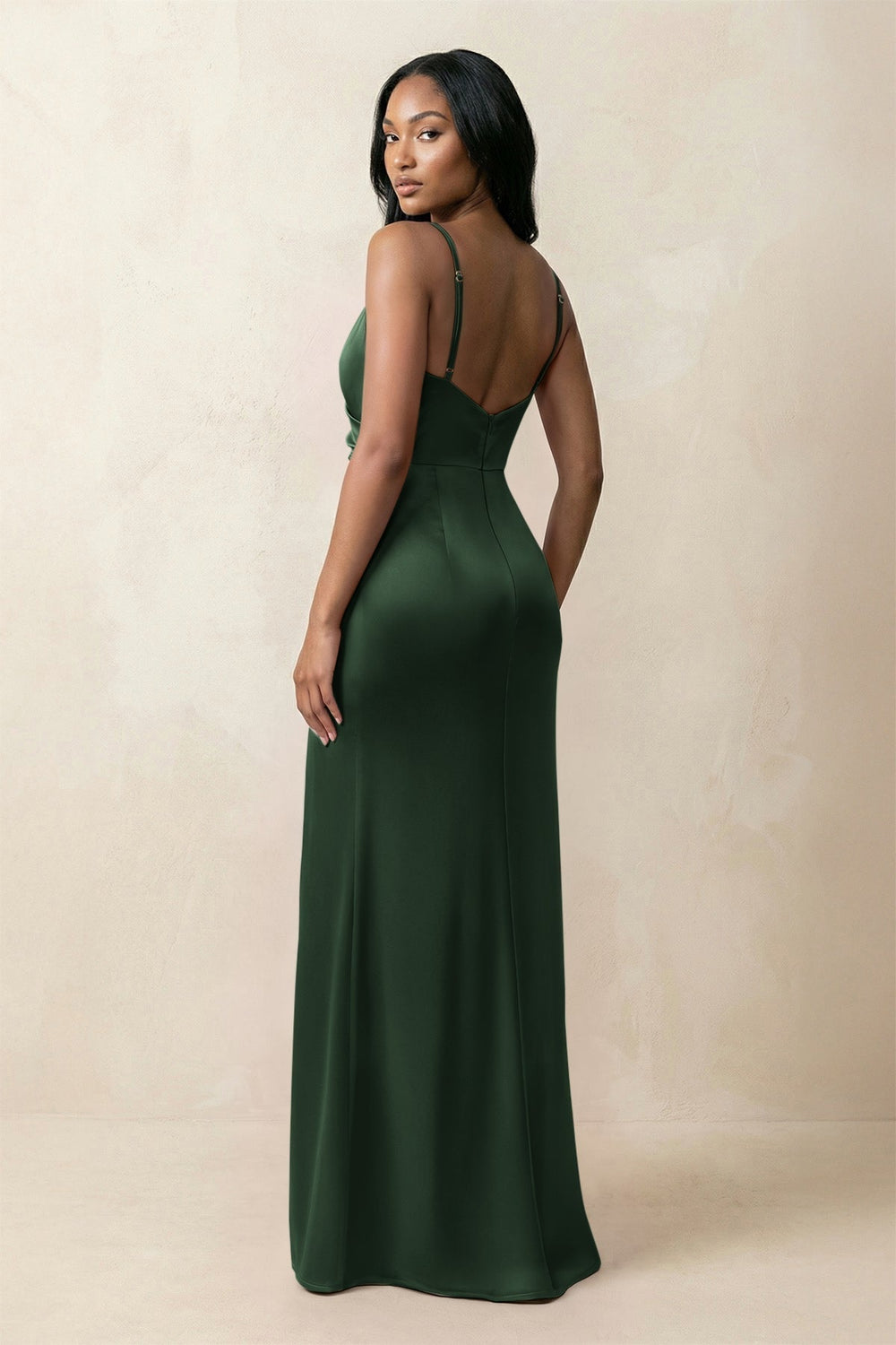 Spaghetti Strap Sheath Satin Ruched Bridesmaid Dress in Moss