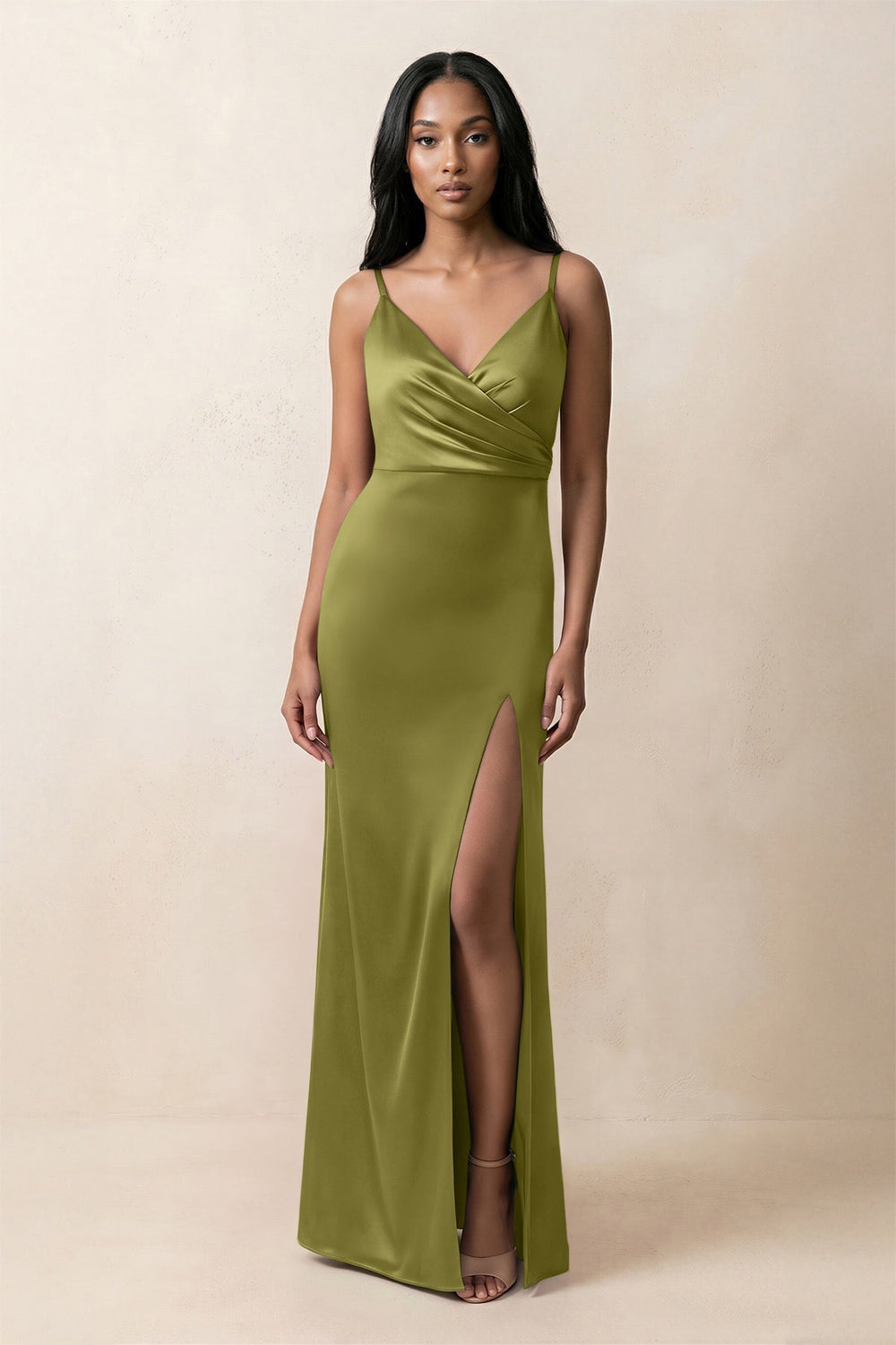 Spaghetti Strap Sheath Satin Ruched Bridesmaid Dress in Moss Green