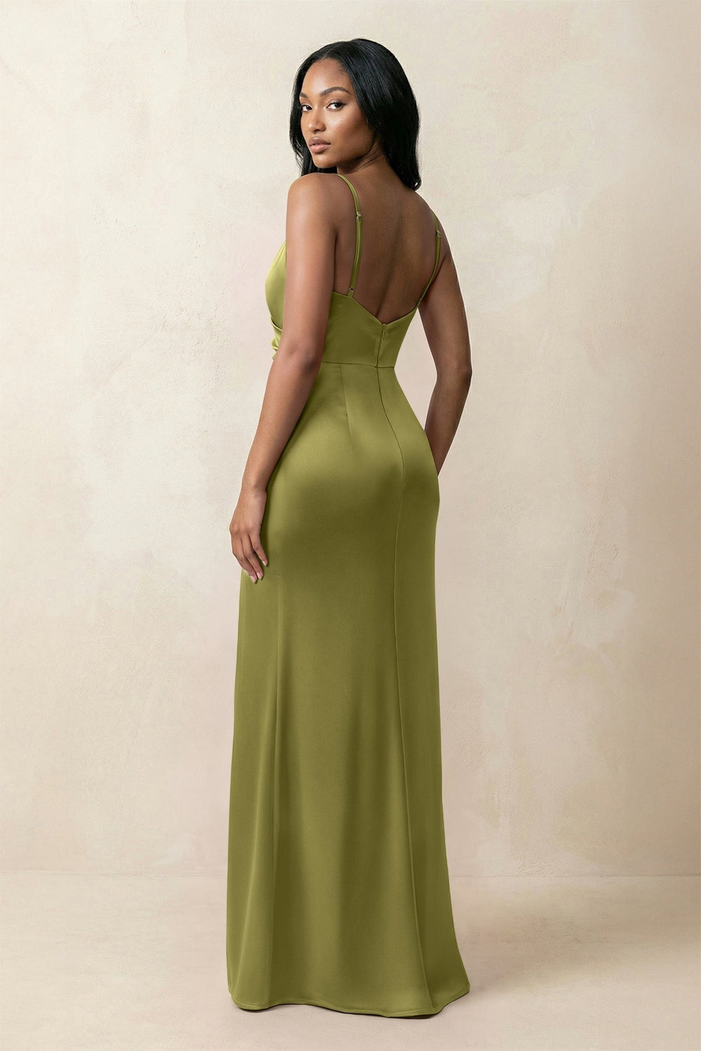 Spaghetti Strap Sheath Satin Ruched Bridesmaid Dress in Moss Green