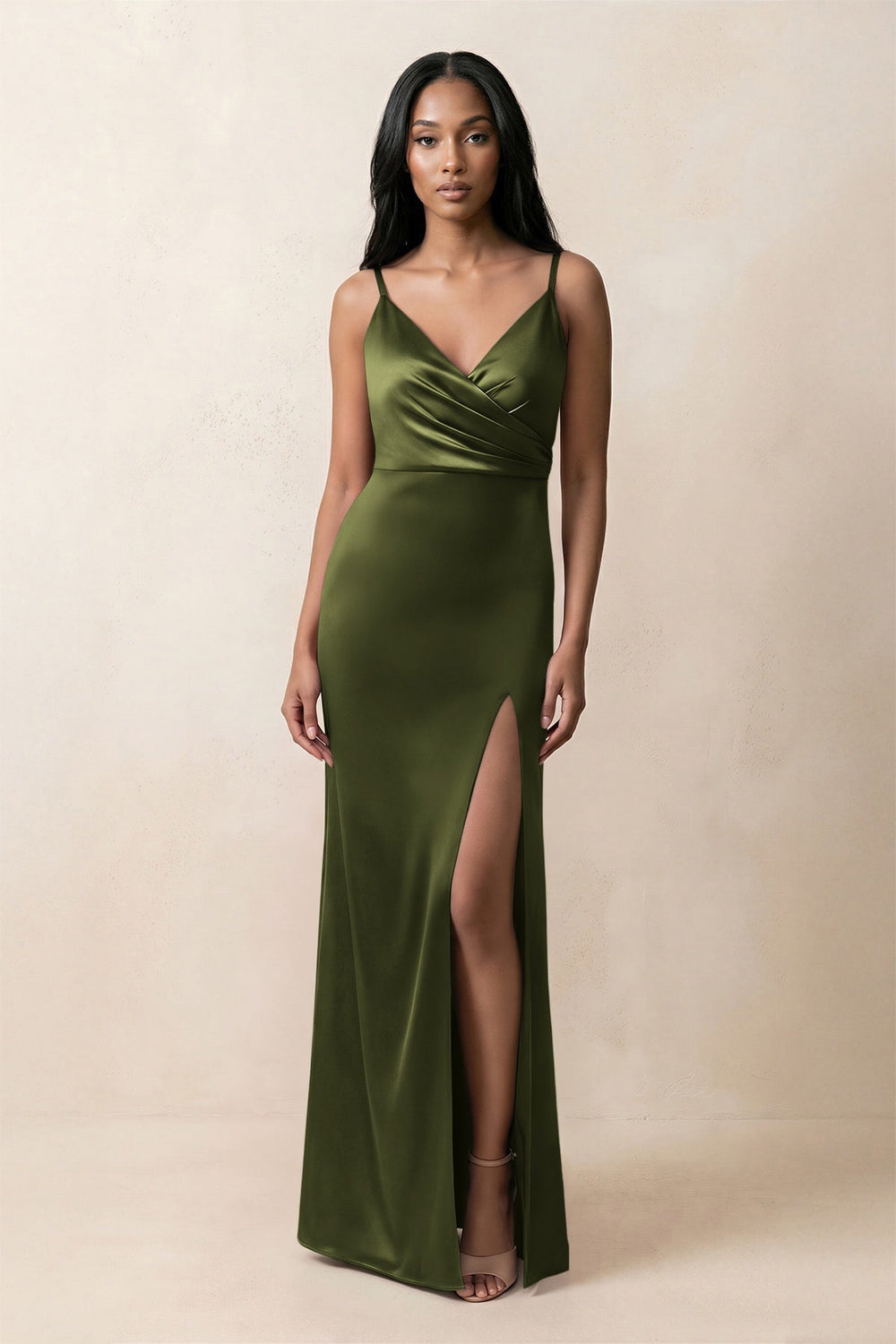Spaghetti Strap Sheath Satin Ruched Bridesmaid Dress in Olive
