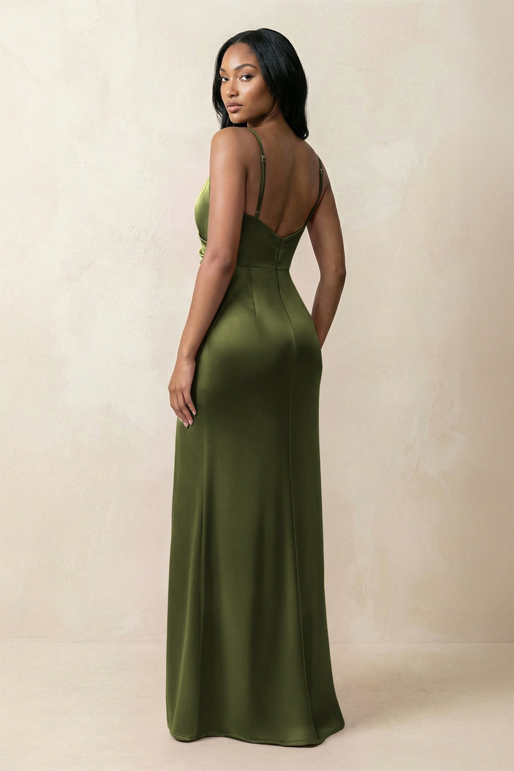 Spaghetti Strap Sheath Satin Ruched Bridesmaid Dress in Olive