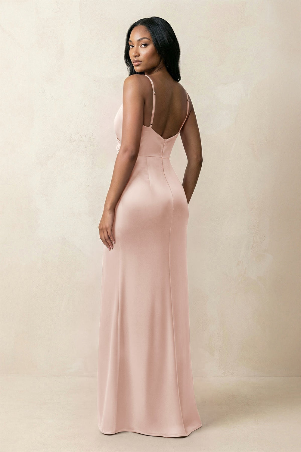 Spaghetti Strap Sheath Satin Ruched Bridesmaid Dress in Pale Blush
