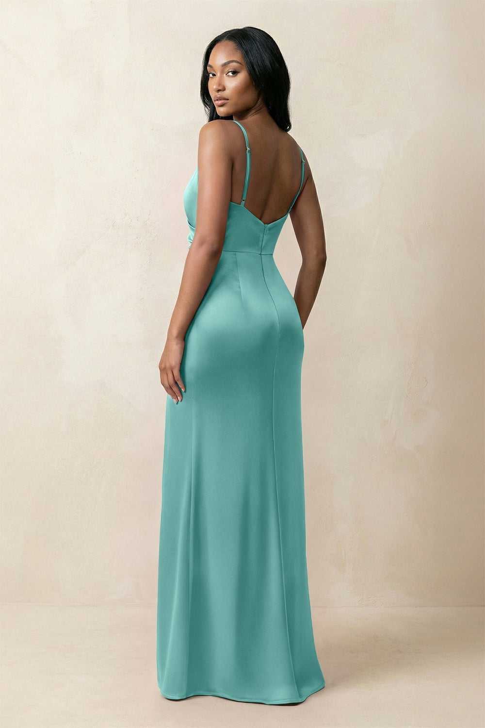 Spaghetti Strap Sheath Satin Ruched Bridesmaid Dress in Pale Pistachio